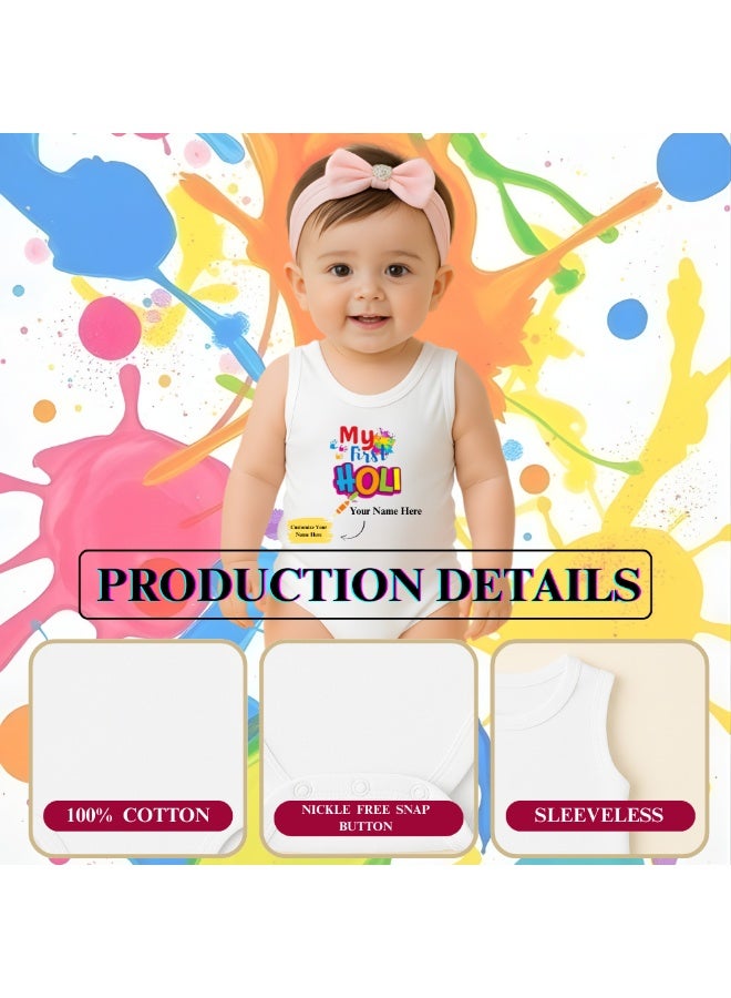 PRINTSHOP4ME Personalized My 1st Holi-Themed Baby Romper - Soft Cotton Fabric-Sleeveless Jumpsuit For Boys And Girls-Comfortable,Lightweight And Breathable Outfit For Festive Celebrations - Image 3